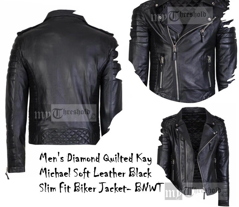 Chaqueta de Motociclista Para Hombre Acolchada Diamante Kay Michael Cuero Suave Negra Calce Ajustado - Nueva con Etiquetas