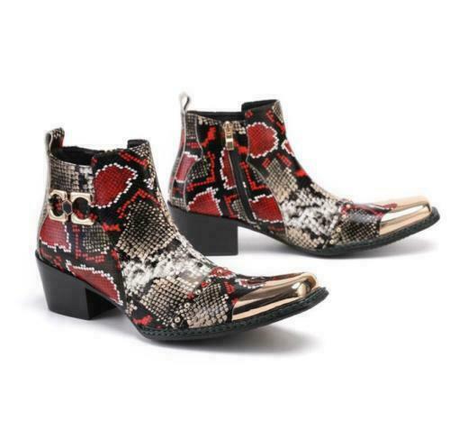 Men Leather DJ Ankle Boots Shoes Metal Pointy Toe Chunky Party Snakeskin Pattern - Picture 3 of 9