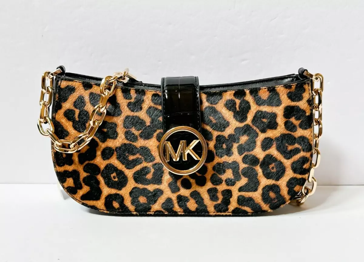 Michael Kors Carmen Small Black Leather Leopard Haircalf Pouchette Handbag  Purse for Men