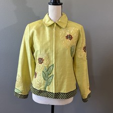 Vintage Anage Silk Jacket Yellow Floral Embroidered Zip Checkered Trim Woman?s S