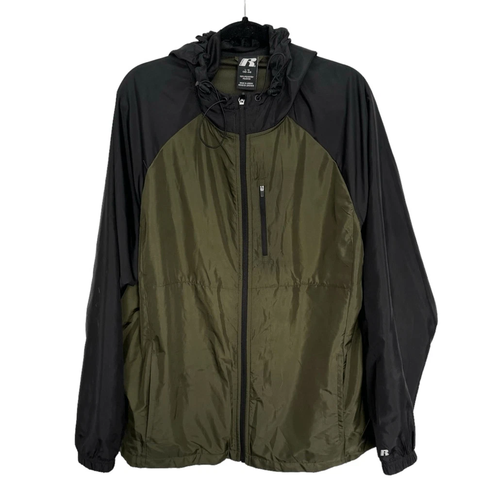 Russell Athletic Men's Green Black Mesh Zip-Up Hooded Windbreaker Jacket Large