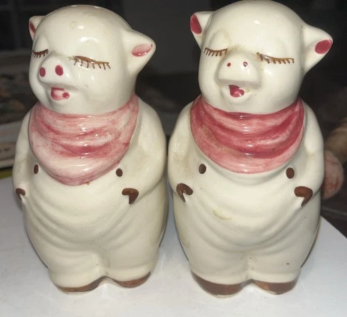 Vintage 1940s Shawnee Pottery Large 5" Smiley Pig Salt & Pepper Shakers Peach