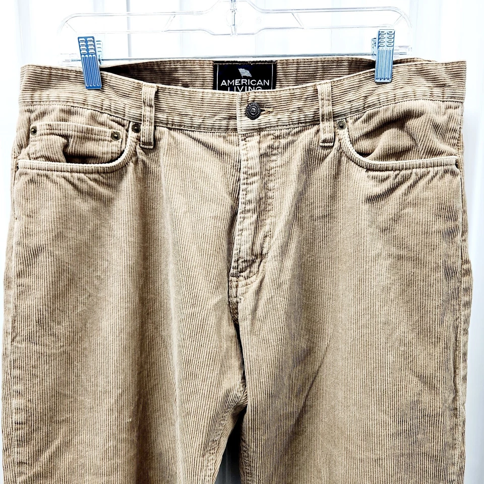 复古女式美国生活裤 34x30 灯芯绒棕色经典直筒 — 第 3/4 张图片