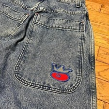 JNCO Twin Cannon 101 Wide-Leg Vintage Blue Denim Jeans Embroidered Accents Men
