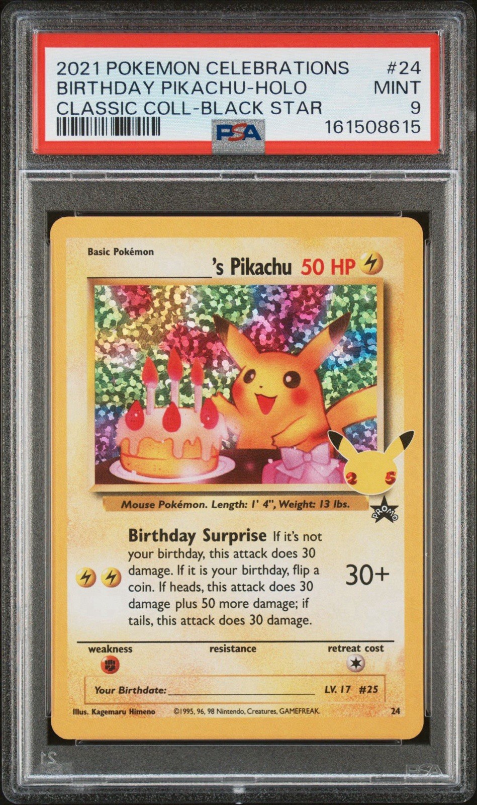 PSA 9 2021 Pokemon Celebrations Classic Collection Birthday Pikachu Holo #24