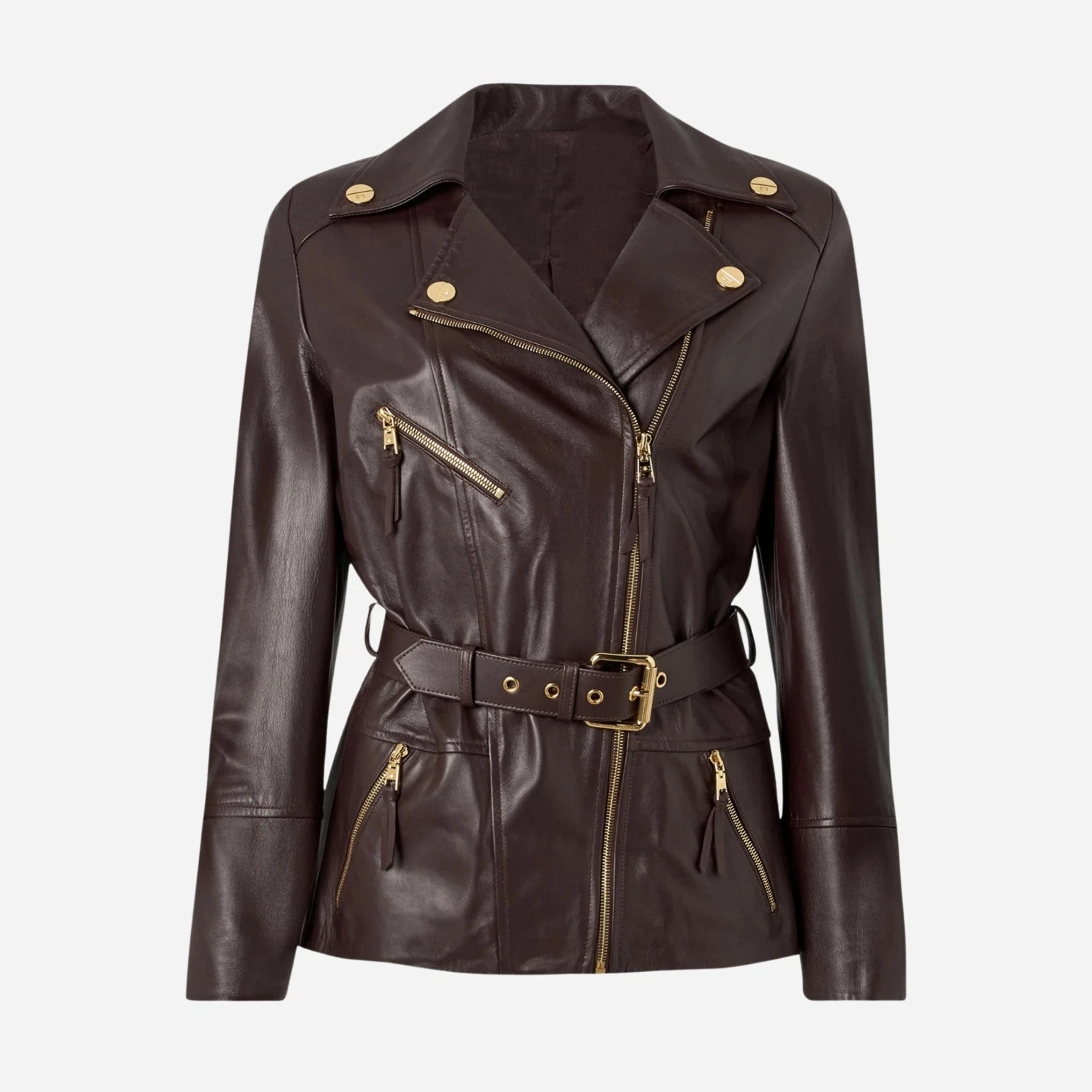 Women's Lambskin Leather Moto Jacket Brown Slim Fit Belted Gold Zip Biker