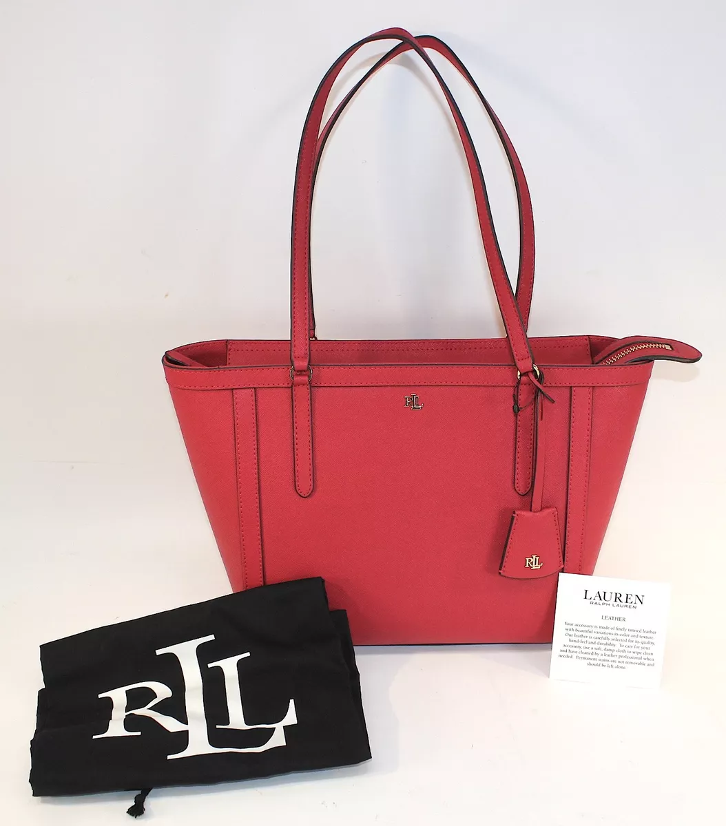 Lauren Ralph Lauren One Size Crosshatch Leather Tote • Red • Dust Bag