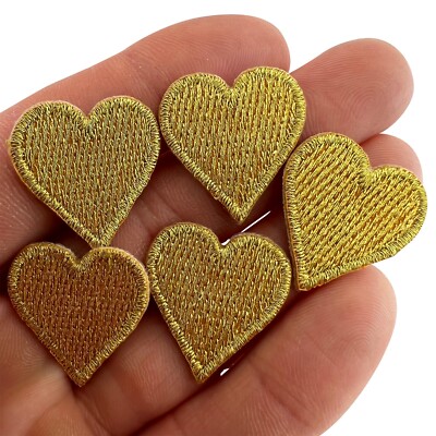 5 x Mini Gold Liebe Herz Aufnäher Bügelbild Stoff aufnähen kleine Herzen kleine Abzeichen Patch