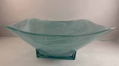 Pier 1 Glass Centerpiece Bowl Aqua & Clear White Swirl Square Base Made In Spain