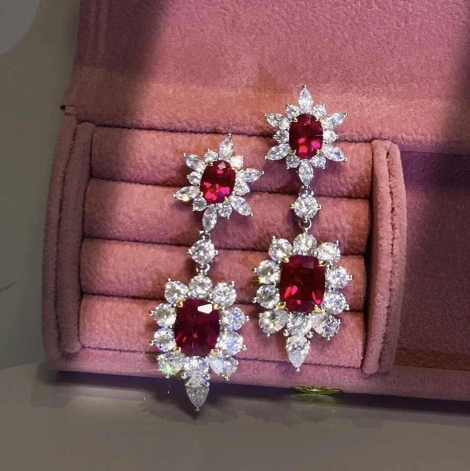 Pendientes colgantes de plata con gemas de topacio granate rojo joyería europea de lujo para mujer Foto 3 de 4