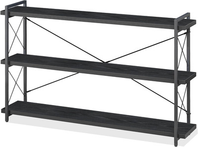 Bookshelf, 3-Tier Long Industrial Bookcase, Black Open Book Shelf, Freestanding 