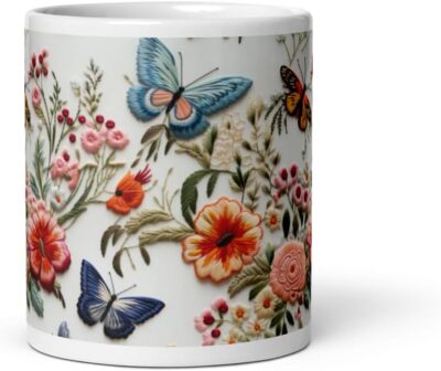 Butterfly Floral Coffee Mug 11oz Ceramic Tea Cup Nature Garden Gift For Her