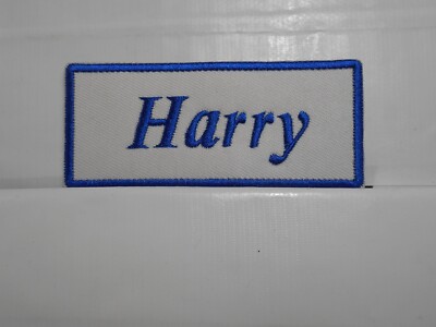 HARRY   NEW EMBROIDERED  SEW / IRON ON NAME PATCH BLUE ON WHITE