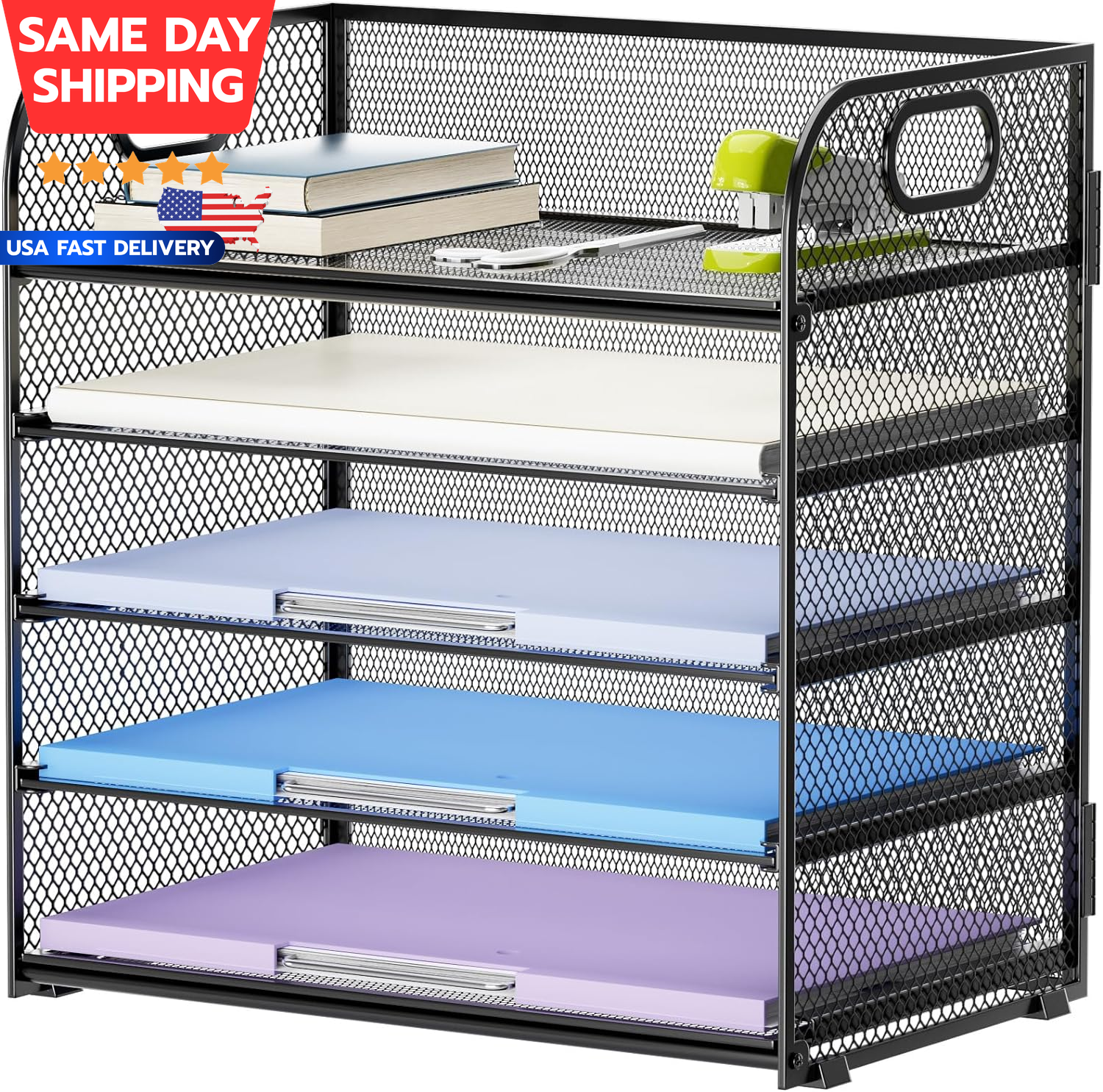 5 Tier Mesh Desk File Organizer with Handle for Papers and Letters-image