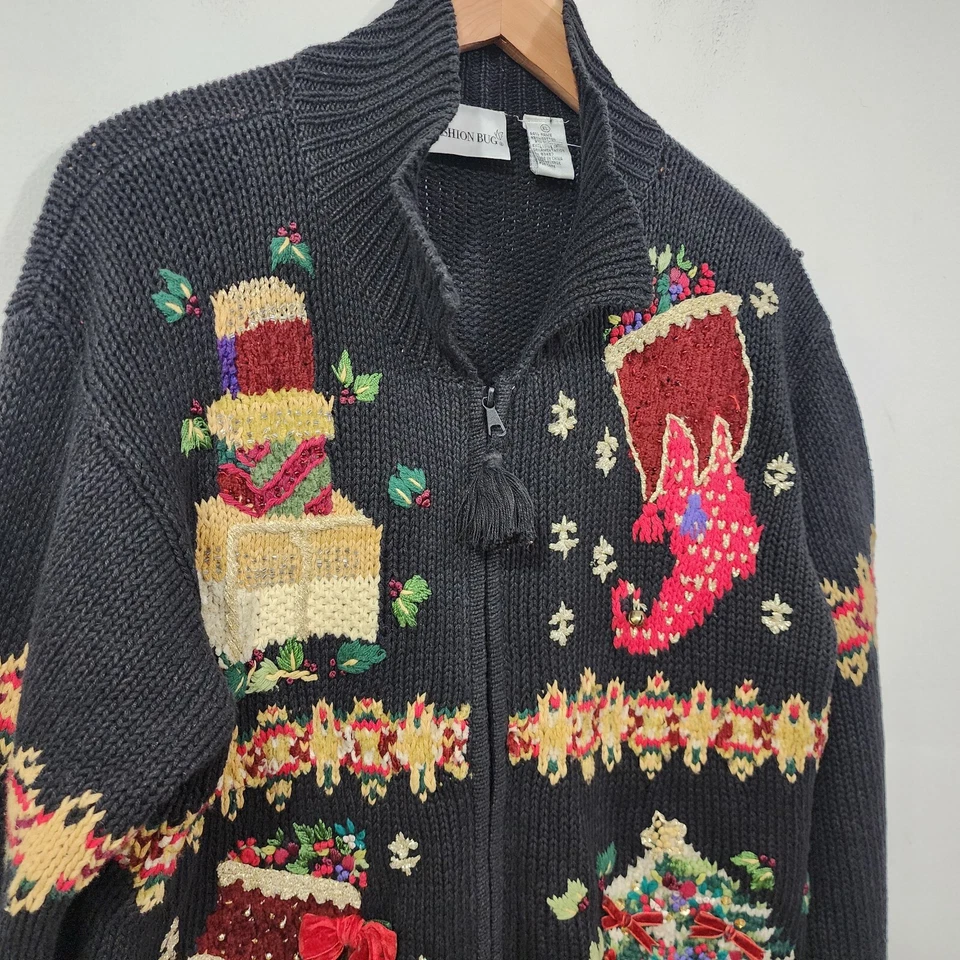 Vintage Fashion Bug Black Ugly Christmas Cardigan Sweater Bells Bows Holiday XL - Image 4 of 4