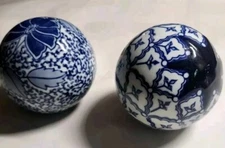 Porcelain Carpet Balls Set of 2 Vintage Decorative Cobalt Blue White Design 3"