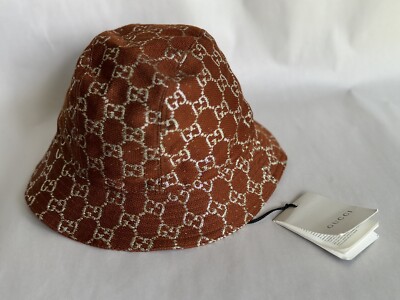 Gucci★素敵！Unisex Bucket Hat GG Monogram Lame Brown Canvas Size M Gucci Unisex Bucket Hat GG Monogram Lame Brown Wool