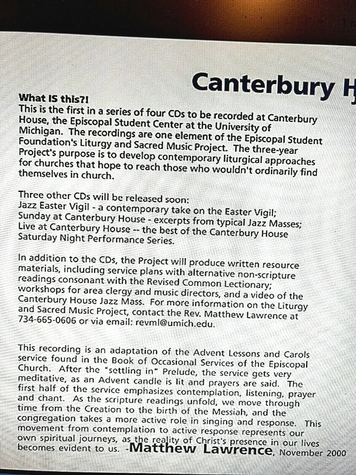 CANTERBURY HOUSE, Easter Jazz, Vigil JAZZ Advent Songs and Carols CD, 2002, New Foto 4 de 4