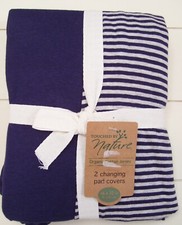 Touched by Nature 2 Pk Blue Gray Cotton Solid Stripe Changing Pad Covers 16 x 32