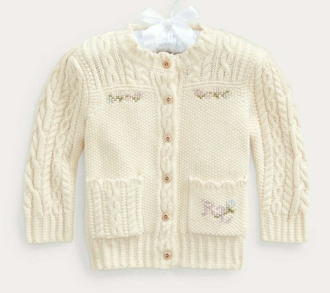 95 NEW Ralph Lauren Girls Cardigan WOOL Knit Cream Pockets Sweater 18 M