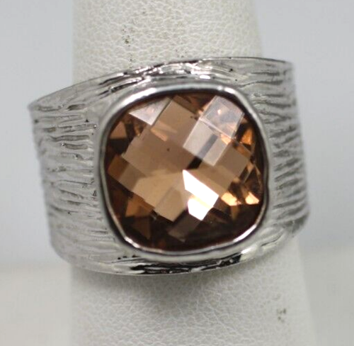 Lia Sophia peach champagne glass/stone silver tone wide ring cocktail sz 9