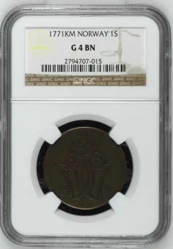 NORWAY RARE 1 SKILLING DANSKE 1771 NGC G4 BN Copper Coin