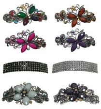 Set of 8 Butterfly Flower Vintage Bar Barrettes Sparkly Crystals Colorful Beads
