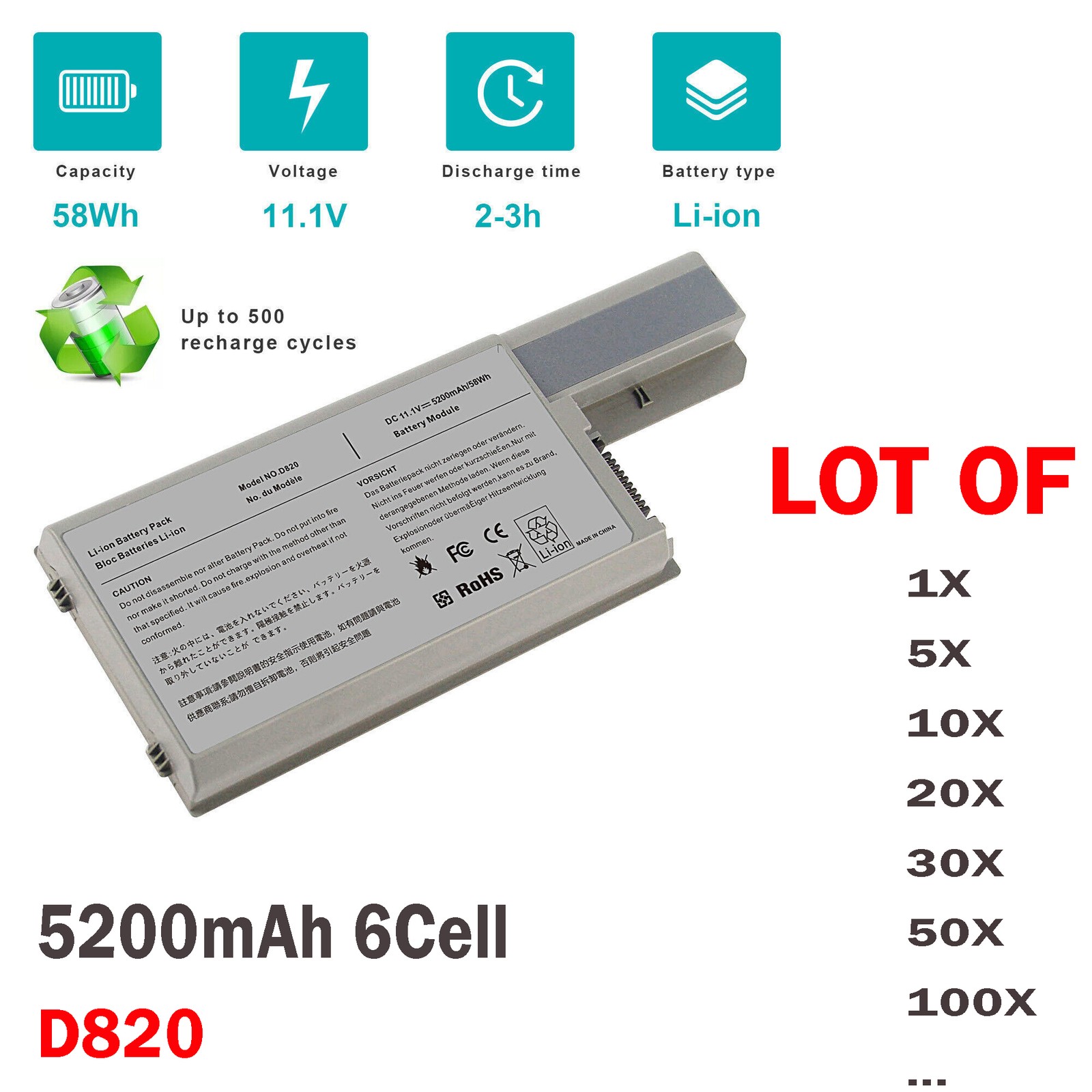 ❤️LOT Battery For Dell Latitude D820 D830 D531 M4300 M65 312-0393 CF623 5200mAh