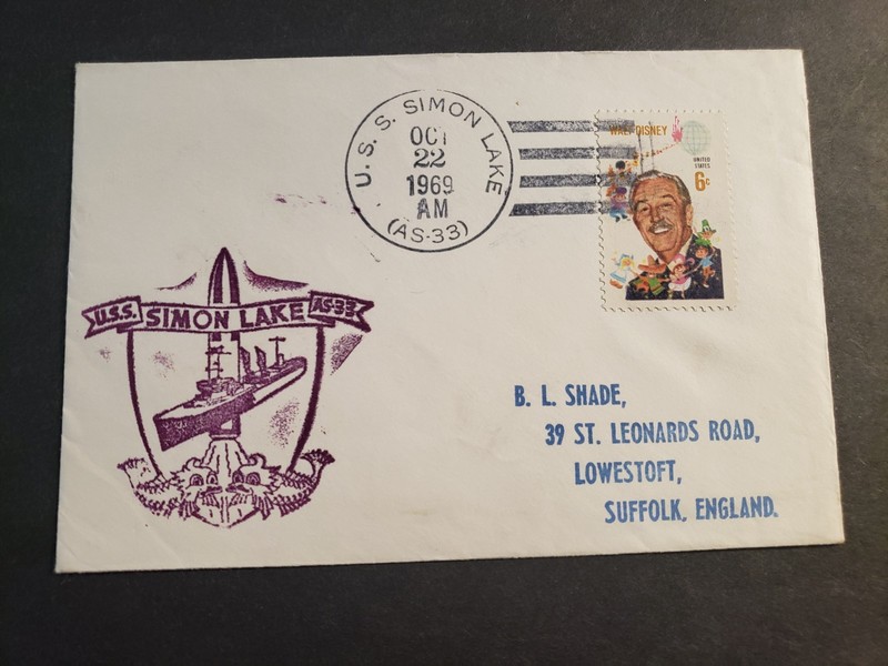 USS SIMON LAKE AS-33 Naval Cover 1969 Cachet Disney Stamp #1355