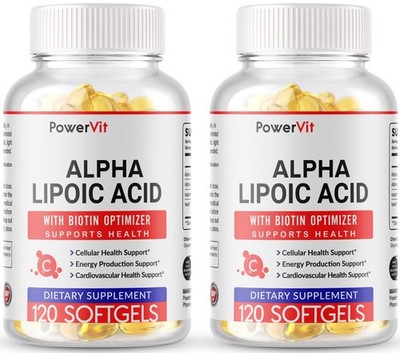 Alpha Lipoic Acid 600mg 240 Softgel with Biotin Optimizer USA Made 2 Bottles