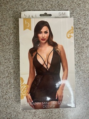 Baci Lingerie Strappy Mini Dress Deep V Black Size 2-8 Medium/Large Sexy 2pc
