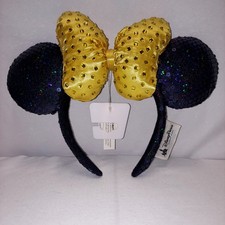 Disney Parks Minnie Mouse Sequin Ears Gold Bow Navy Blue Sparkly Soft Headband