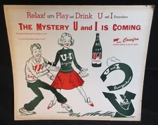 Vtg 1950s U and I Everywhere Cardboard Display Soda Sign, 22" X 19"