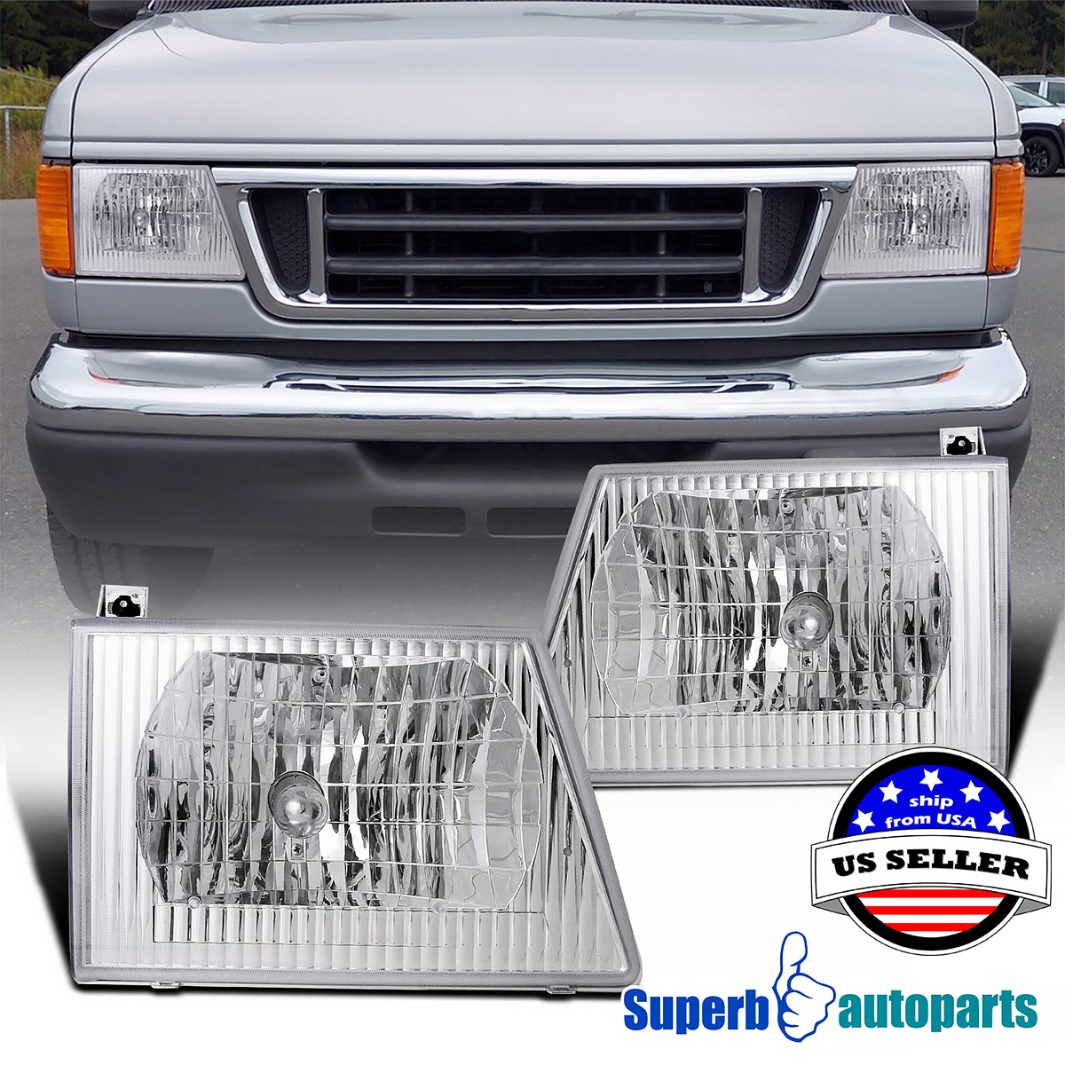 Fits 1992-2006 Ford E150 E250 E350 E450 Econoline Van Headlights 