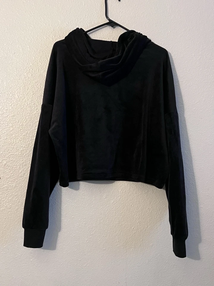 Bebe Sport 黑色丝绒连帽衫女式 XL 码短套衫 — 第 2/3 张图片