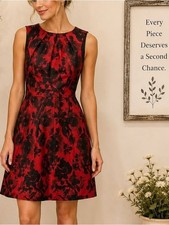 Talbots Petites Size 8P Red Black Floral Sleeveless Fit & Flare Dress
