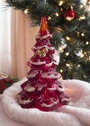 Vintage Fenton Ruby Red Glass 6.5" Christmas Tree Flocked Snow Gold Squirrel