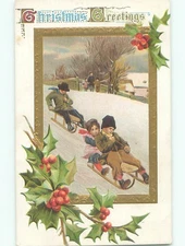 Pre-Linen christmas KIDS ON HILL WITH TOBOGGAN SLEDS : : make an offer k1249