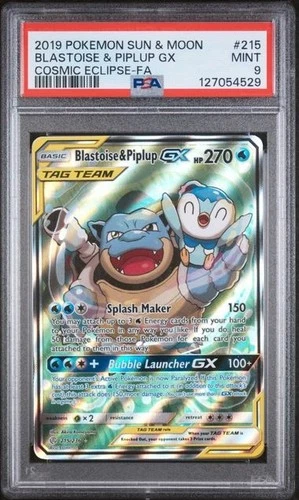 2019 POKEMON SUN & MOON COSMIC ECLIPSE #215 FULL ART/BLASTOISE & PIPLUP GX PSA 9