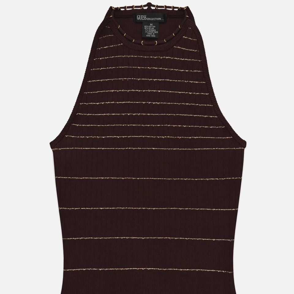 Vintage 90s Y2K Guess Brown Metallic Gold Striped Sweater Knit Halter Tank Top - Image 2 of 4