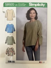 Simplicity Sewing Pattern S8920 Misses Tops Size U5 16-24 Tie Sleeve Blouse
