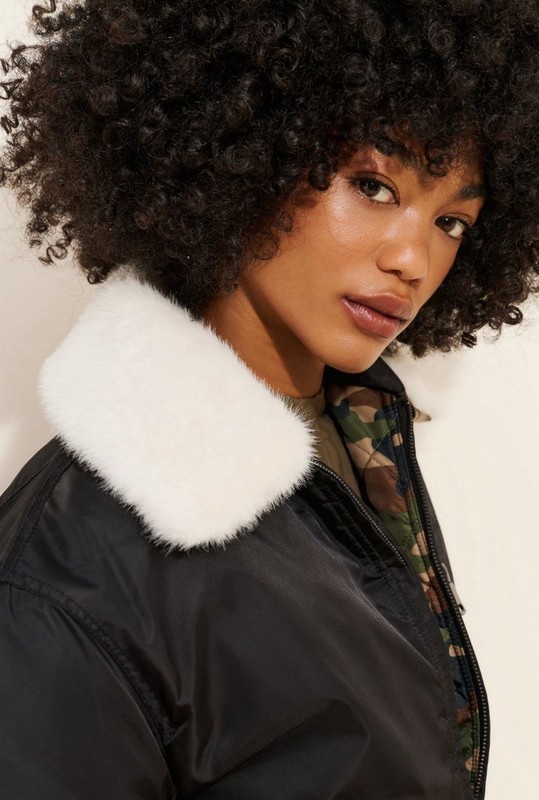 $199 New NVLT Anthropologie Trendy Faux Fur Collar Bomber Jacket Black XS 2 4