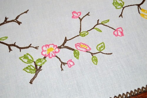 .SPRING BIRDS IN BIRDHOUSES & CHERRY BLOSSOM TREES! VTG GERMAN LINEN TABLECLOTH - Picture 8 of 12