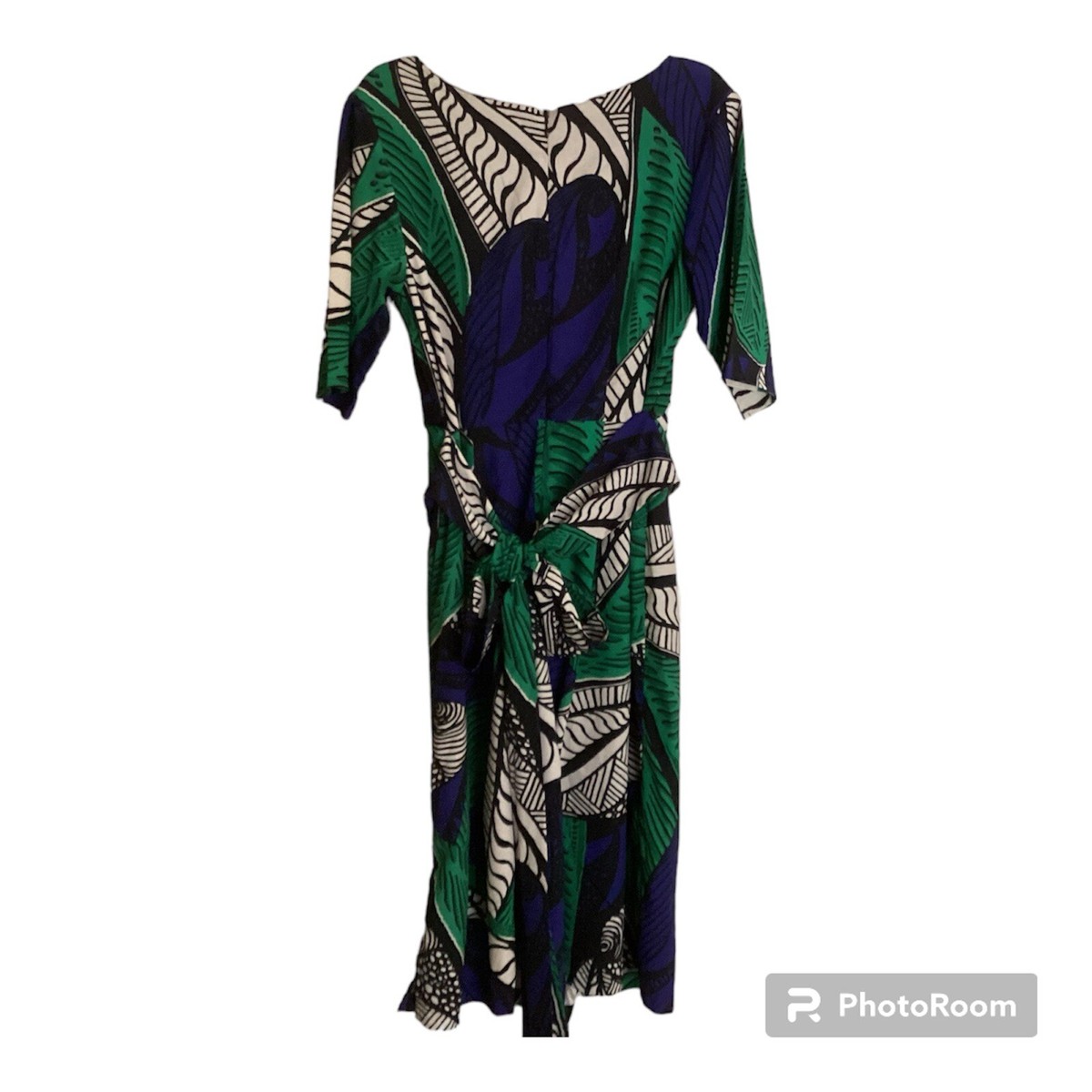 eShakti Midi Dress Blue & Green Leaf Print Sash Women 12-14