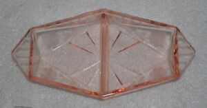 Vintage-Pink-Depression-Glass-Handled-Divided-Relish-Serving-Tray-Diamonds-Rose