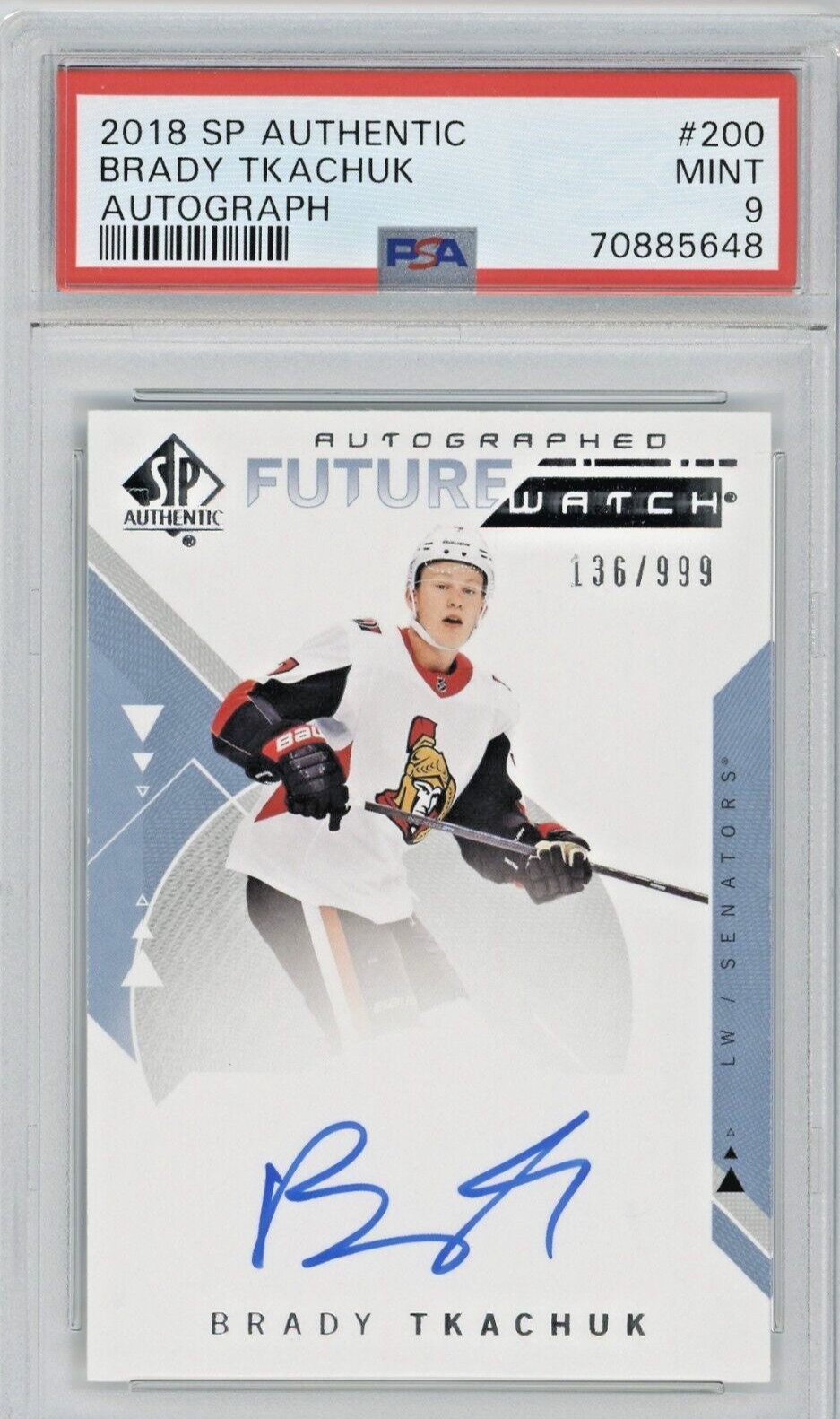 2018/19 UD SP AUTHENTIC Brady Tkachuk FUTURE WATCH AUTO RC ROOKIE /999 PSA 9