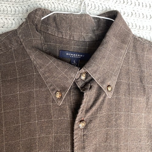 Burberry London Button Down Shirt Adult Large Brown Checker Long Sleeve Mens L - Picture 2 of 12