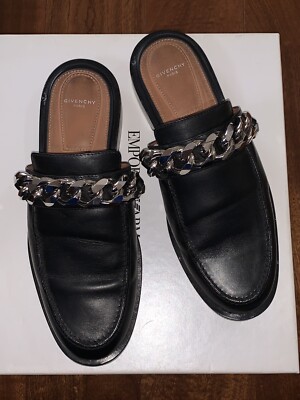 GIVENCHY CLASSIC BLACK LEATHER CHAIN LINK MULE SLIDE LOAFERS, Size 7.5/38IT