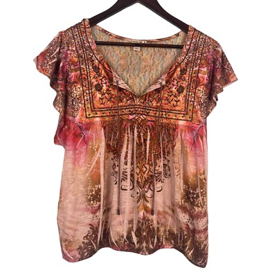 Energe World Wear Womens Embroidered Sublimation Tunic Top SZ L Lace Embellished