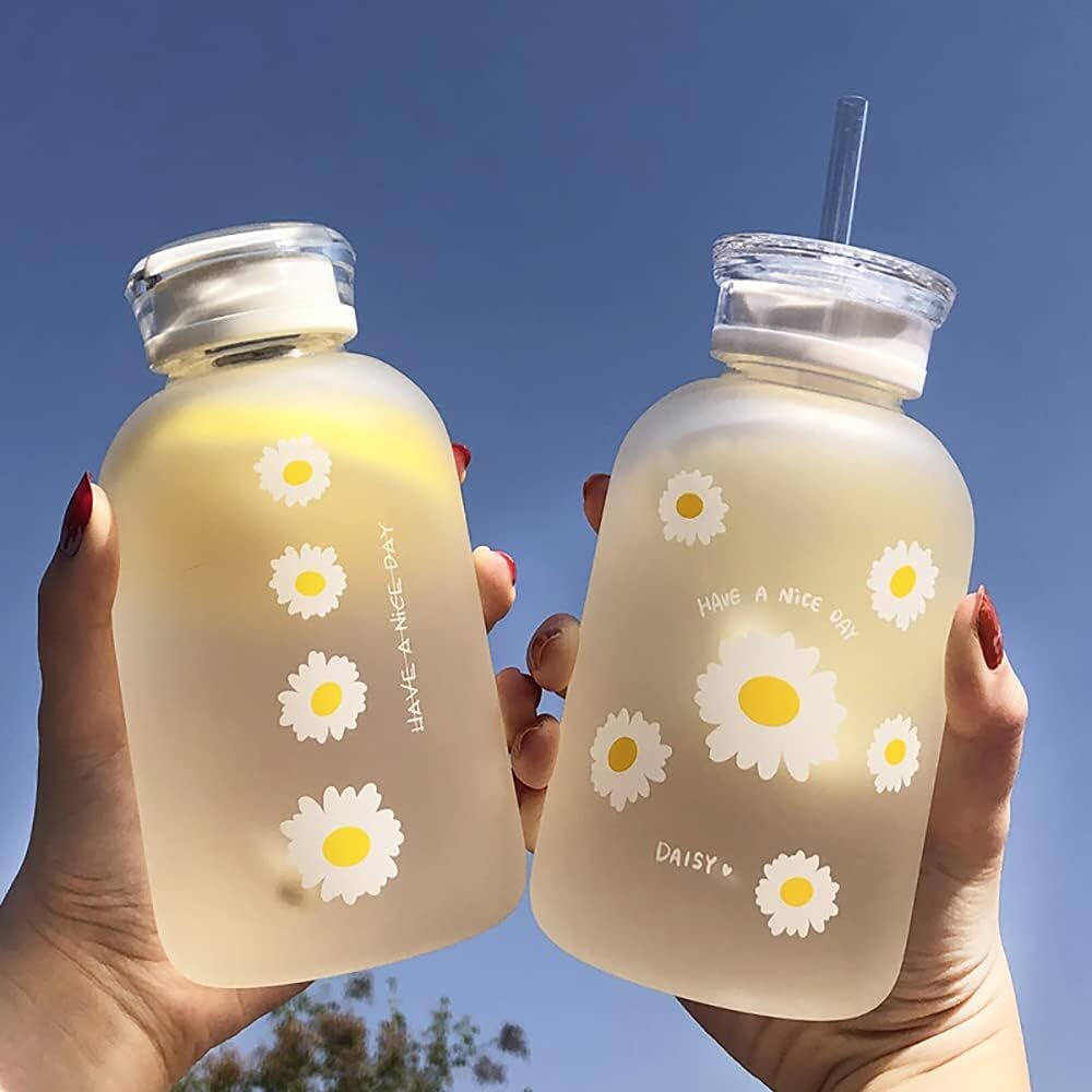 480ml Milk Juice Cute Water Bottle with Scale 2 Lids Little 